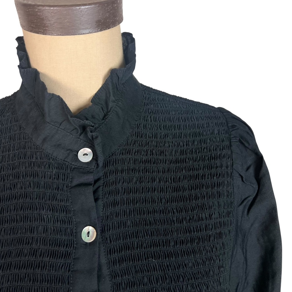 Pomander Place Womens XL Black Smocked Ruffle Neck Button Front Blouse Top - Picture 2 of 10